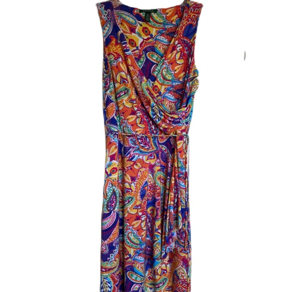 RALPH LAUREN Multi-Color, Sleeveless Faux Wrap Dress - US Size M